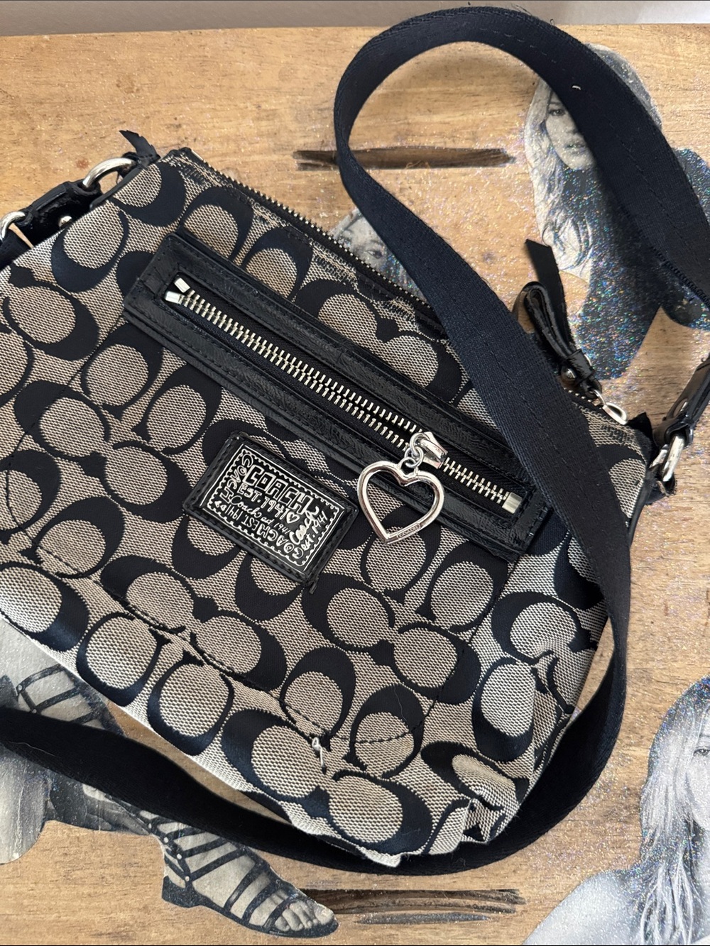 Coach Black and Tan Signature Crossbody with Heart Charm